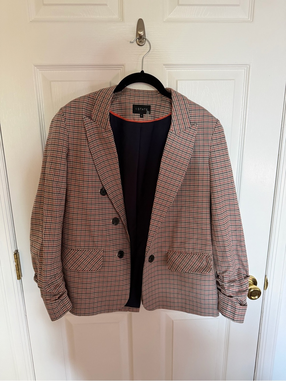 NWOT 1. State Women's Checked Blazer in Red and Navy Micro-Houndstooth